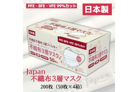 マスク 日本製 不織布3層マスク Japan桜 200枚【50枚×4箱】 人気 日用品 消耗品 耳が痛くならない 花粉99％カット 肌にやさしい 息苦しくない 高機能 PM2.5 国産 使い捨て 送料無料 返礼品 伊予市 山陽物産｜B58