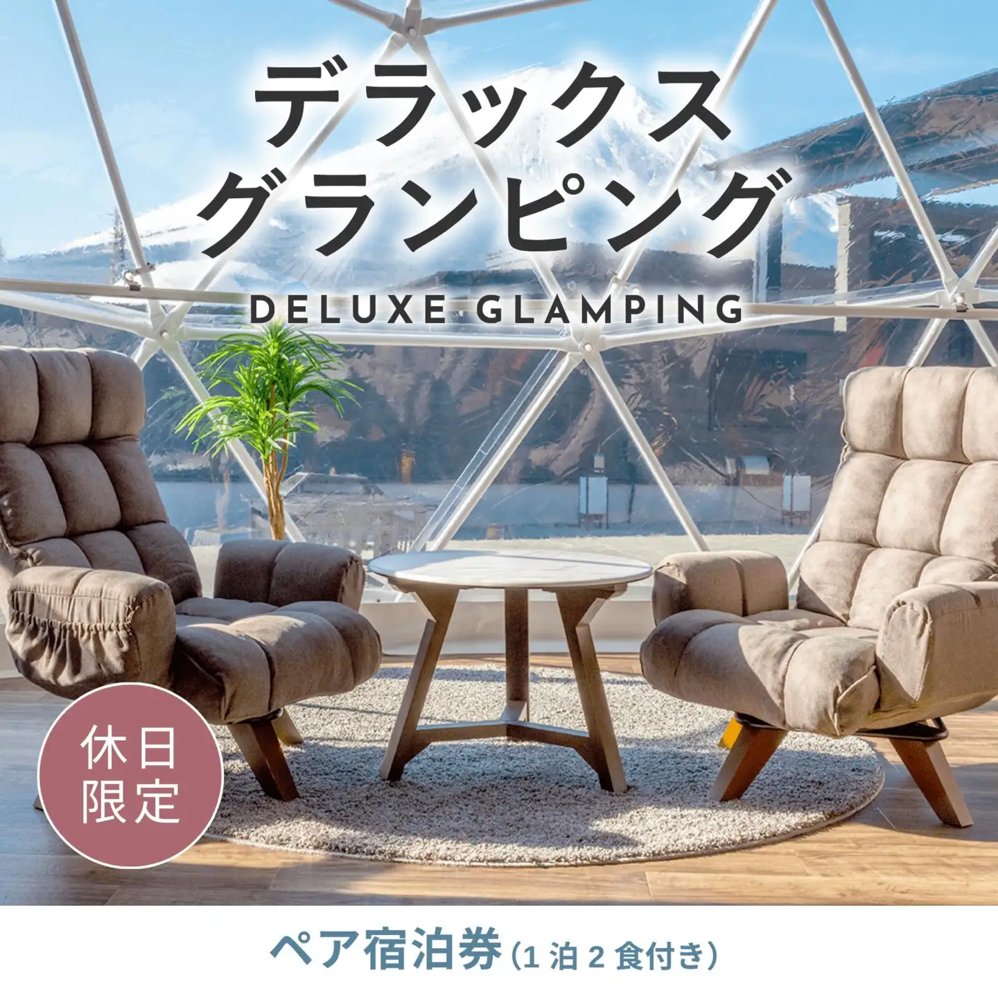《休日限定》デラックスグランピング2名1棟宿泊券(1泊2食、無料ドリンク付き)［金土曜・祝日・祝前日・連休］ ビジョングランピングリゾート山中湖  YAG004　トラベル グランピング リゾート 