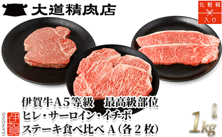 伊賀牛 A5 ヒレ・サーロイン・イチボ ステーキセットA 総合計約1kg【最高級部位3種食べ比べ】【dido0020】