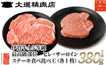 伊賀牛 A5ヒレ・サーロイン 食べ比べステーキセットC 総合計約380g【最高級部位】【dido0027】