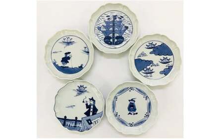 青花 船と異人シリーズ 絵変り八方割15cmプレート 5枚セット 小島芳栄堂 A45-132