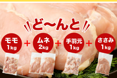 宮崎県産 若鶏5kgセット 鳥肉 もも肉 1kg むね肉 2kg ささみ 1kg 手羽元1kg【B320-2604】