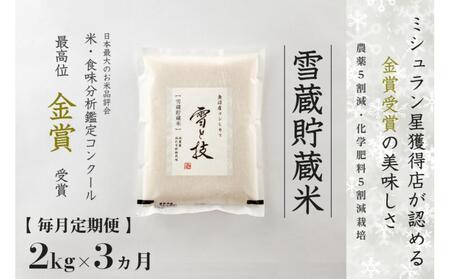 【令和7年産】 定期便 2kg ×3ヶ月 雪蔵貯蔵米 金賞受賞 魚沼産コシヒカリ 雪と技 農薬5割減・化学肥料5割減栽培 |津南町 魚沼