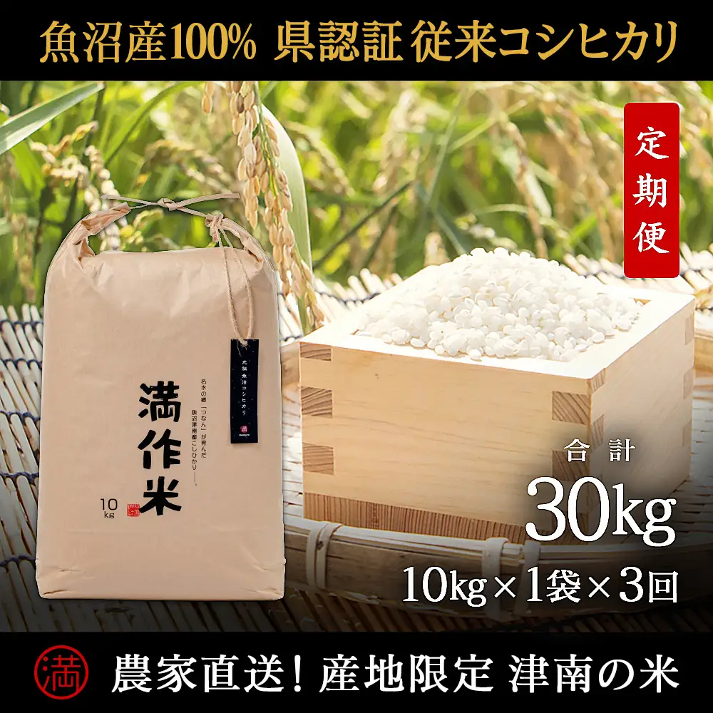 【2025年産 】【3ヶ月定期便】合計30kg(10kg×3回)【県認証】元祖魚沼産コシヒカリ |津南町 コシヒカリ 定期便