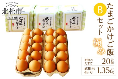 極み卵かけご飯Bセット（明野のたまご20個、武川米48号450g×3袋） [h081]