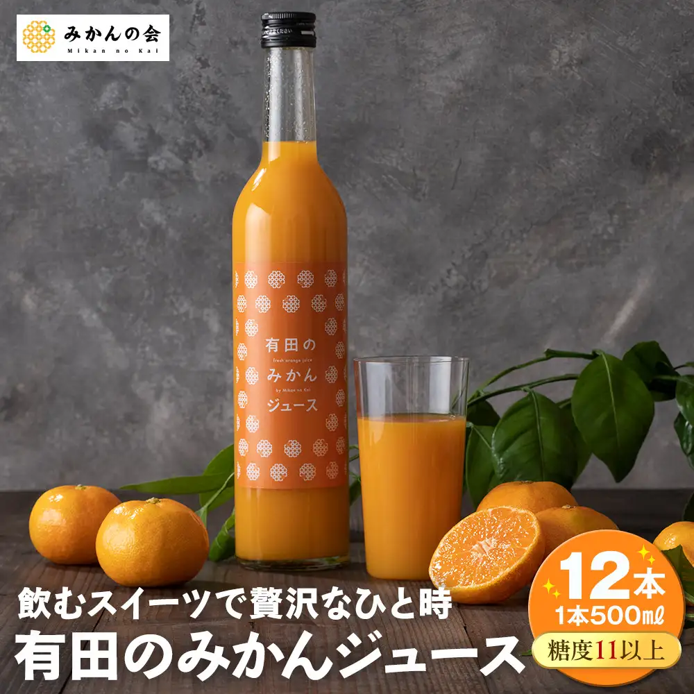 有田のみかんジュース 500ml×12本  和歌山県産 有田みかん使用 無添加 100％ ストレート