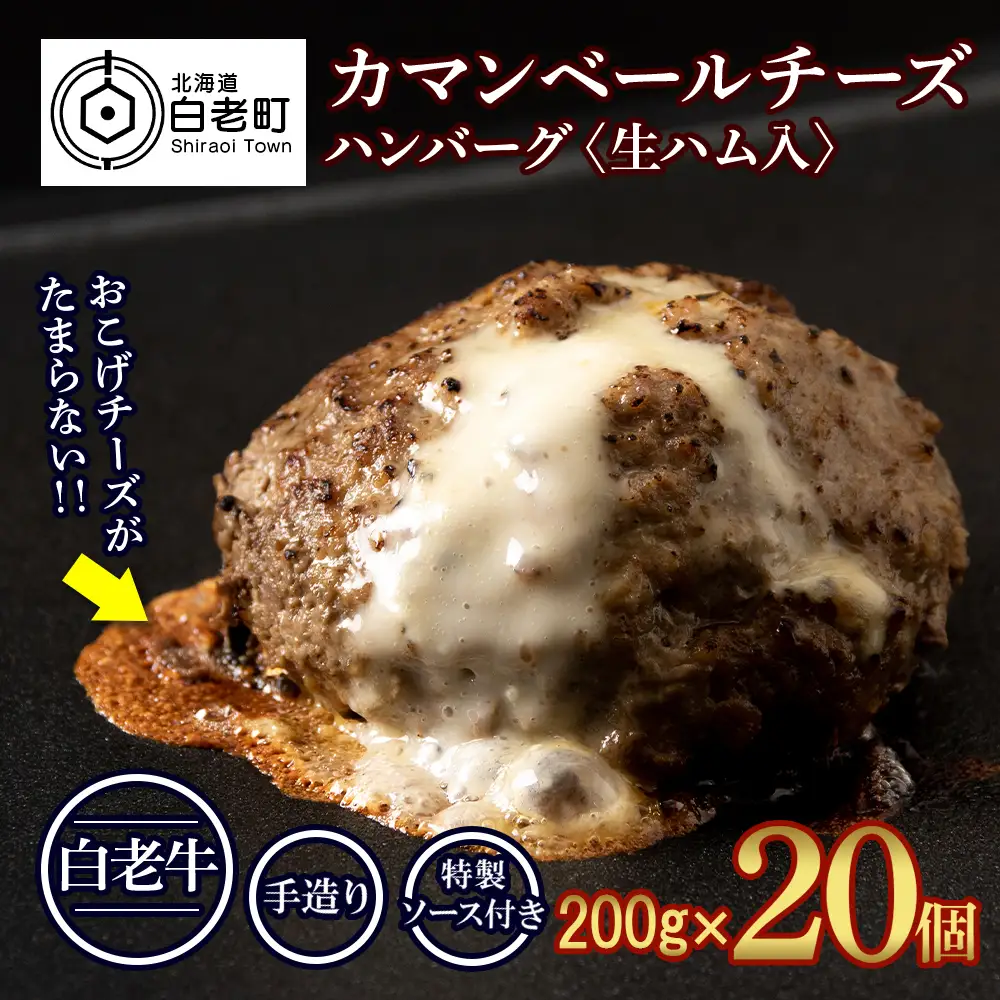 北海道産 白老牛 カマンベールチーズハンバーグ 20個セット