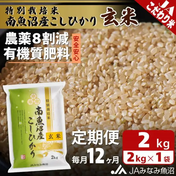 【JAみなみ魚沼定期便】特別栽培米南魚沼産こしひかり8割減玄米（2kg×全12回）農薬8割削減 有機肥料 調整玄米 精選玄米 特A獲得日本一産地 もっちり甘い 南魚沼産コシヒカリ≪定期便 コシヒカリ こしひかり 銘柄米≫