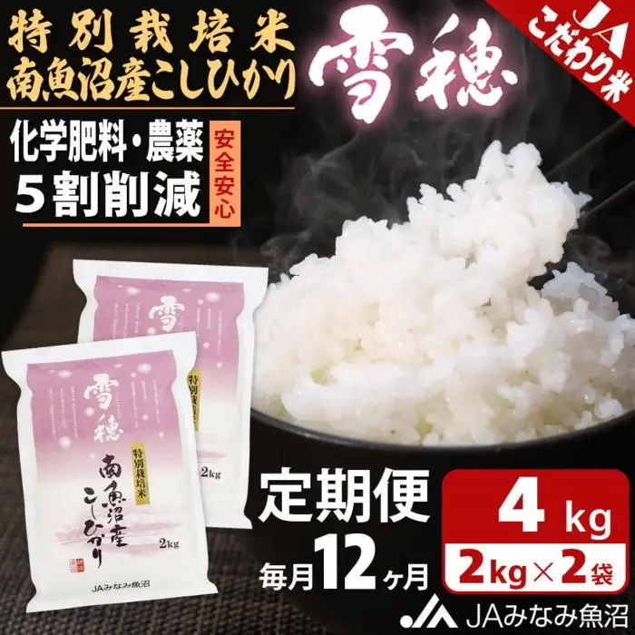 【JAみなみ魚沼定期便】特別栽培米南魚沼産こしひかり「雪穂」（2kg×2袋×全12回）精米 農薬5割削減 精米HACCP認定工場 特A獲得日本一産地 高品質精米 もっちり甘い 南魚沼産コシヒカリ≪定期便 コシヒカリ こしひかり 精米 銘柄米≫