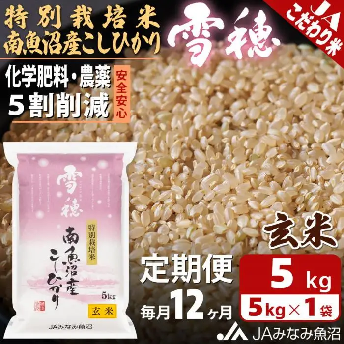 【JAみなみ魚沼定期便】特別栽培米南魚沼産こしひかり「雪穂」玄米（5kg×全12回）農薬5割削減 調整玄米 精選玄米 特A獲得日本一産地 高品質精米 もっちり甘い 南魚沼産コシヒカリ≪定期便 コシヒカリ こしひかり 玄米 銘柄米≫