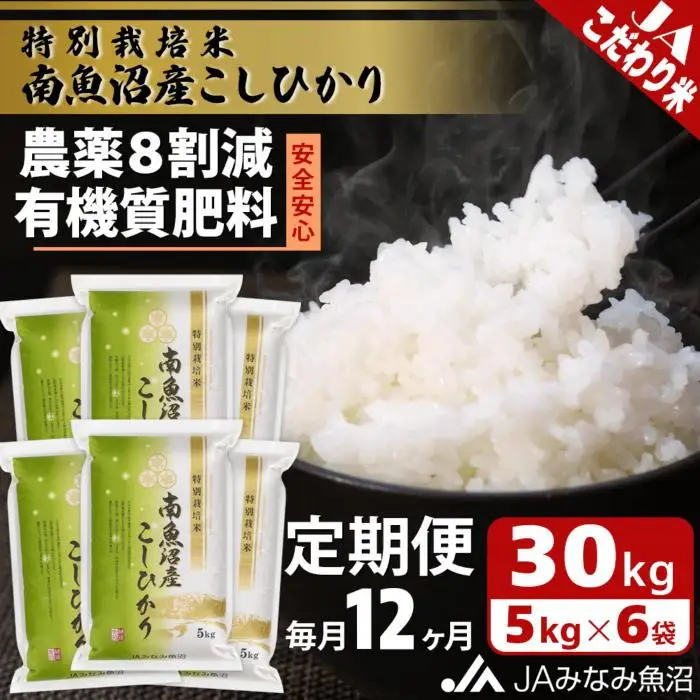 【JAみなみ魚沼定期便】特別栽培米南魚沼産こしひかり8割減（30kg×全12回）精米 農薬8割削減 有機肥料 精米HACCP認定工場 特A獲得日本一産地  ｜こしひかり
