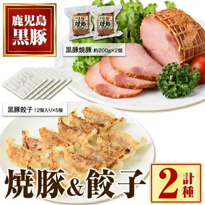 【A02048】黒豚焼豚(2個)＆黒豚餃子(12個×5P)セット！ 鹿児島 国産 九州産 黒豚 豚肉 お肉 餃子 ギョーザ ぎょうざ 角煮 焼豚 叉焼 チャーシュー おかず 惣菜【和田養豚】