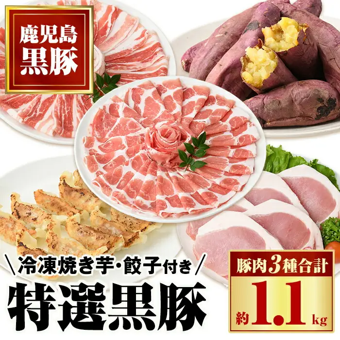 【B02072】特選黒豚(約1.1kg)、黒豚餃子(計36個・12個入り×3P)、冷凍やきいも(約800g)セット！ 鹿児島 国産 豚肉 黒豚 お肉 バラ肉 肩ロース 餃子 ギョウザ 水餃子 ぎょうざ 紅はるか 焼き芋 焼芋 冷やし焼き芋 しゃぶしゃぶ とんかつ ギフト 贈答【和田養豚】