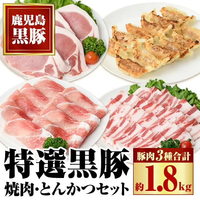 【B02075】特選黒豚焼肉とんかつセット(計約1.8kg)  黒豚バラ(焼肉用)、黒豚ロース(トンカツ用)、黒豚モモスライス、黒豚餃子のセット！ 鹿児島 国産 九州産 黒豚 豚肉 お肉 バラ ロース モモ スライス 餃子 ぎょうざ 焼肉 しゃぶしゃぶ【和田養豚】