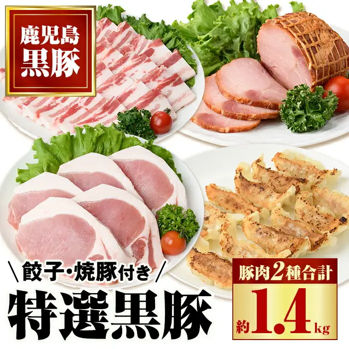 【B02091】特選黒豚(計約1.4kg)  黒豚焼豚(約200g×2個) 黒豚餃子(12個入×1P) 鹿児島 国産 九州産 黒豚 豚肉 お肉 バラ肉 ロース トンカツ 焼豚 叉焼 チャーシュー 餃子 ぎょうざ ギョーザ おかず 惣菜 ギフト 贈答【和田養豚】
