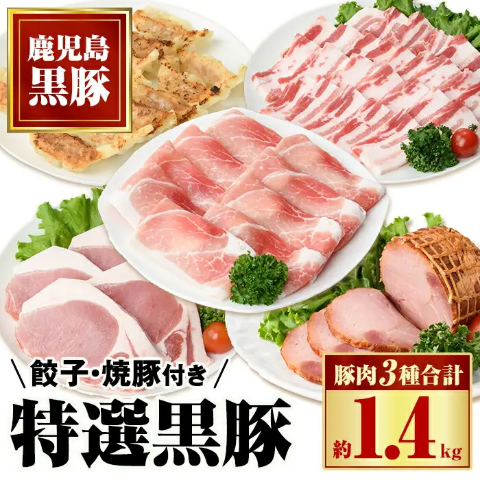 【B02092】特選黒豚バラエティセット(約1.4kg)・黒豚焼豚2個付き！バラ肉(焼肉用)、黒豚ロース(トンカツ用)、黒豚モモ、黒豚焼豚、黒豚餃子のセット 鹿児島 国産 九州産 黒豚 豚肉 お肉 焼豚 叉焼 チャーシュー 餃子 ぎょうざ ギョーザ 惣菜 ギフト 贈答【和田養豚】