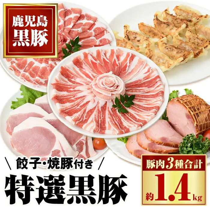 【B02096】特選黒豚大盛(約1.4kg)・黒豚焼豚2個・黒豚餃子(12個入×1P)セット！黒豚バラ・肩ロース(しゃぶしゃぶ用)、黒豚ロース(トンカツ用)のセット 鹿児島 国産 九州産 黒豚 豚肉 お肉 焼豚 叉焼 チャーシュー 餃子 ぎょうざ ギョーザ 水餃子 ギフト【和田養豚】