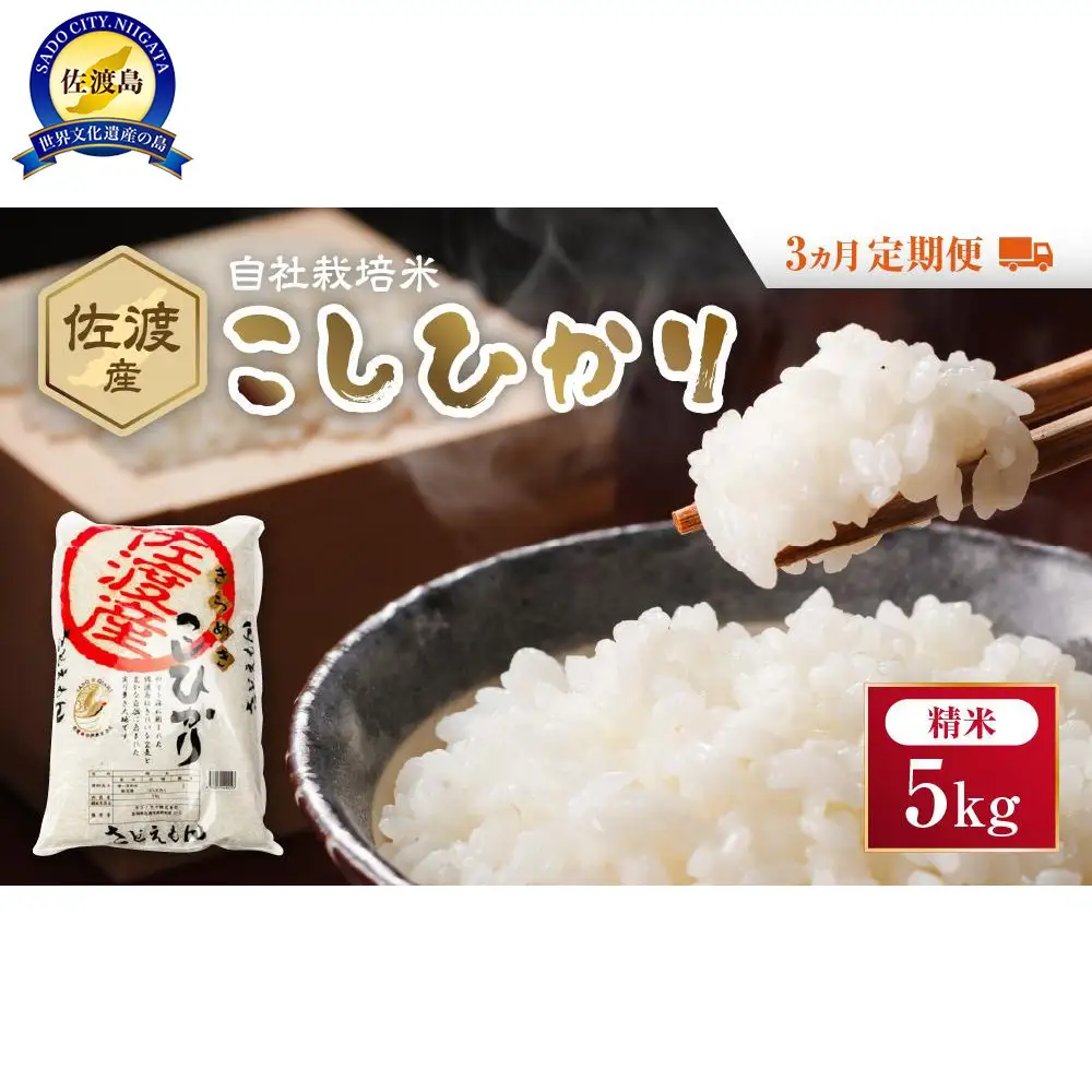 自社栽培米佐渡産こしひかり（精米5kg）３カ月定期便