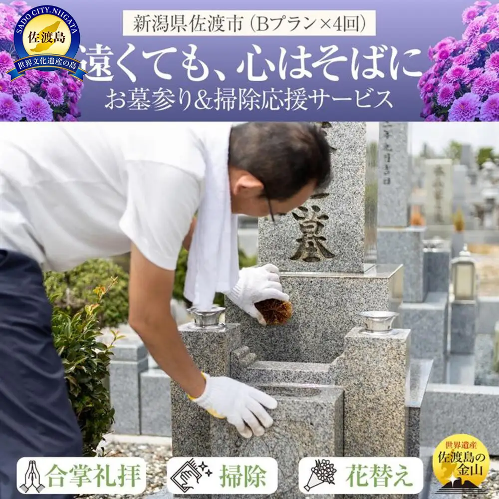 【新潟県佐渡】佐渡島内　お墓参りプランBを年4回　応援サービス　合掌拝礼・花替え・墓石水洗い・簡易除草・タクシー送迎（5,000円まで年1回付き）　「遠くても、心はそばに」