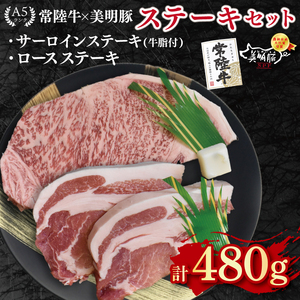【常陸牛 A5ランク・美明豚ステーキセット】常陸牛サーロインステーキ200g＋美明豚ロースステーキ280g（140g×２枚） EK-18