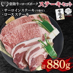 【常陸牛 A5ランク・ローズポークステーキセット】常陸牛サーロインステーキ600g（300g×２枚）＋ローズポークロースステーキ280g（140g×２枚） EK-45