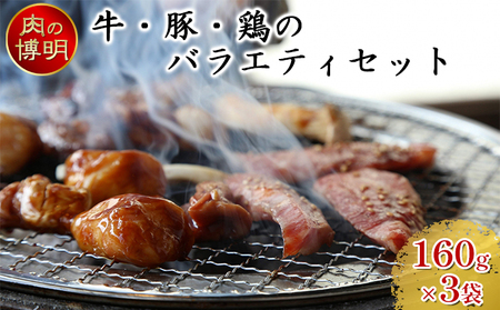 【ヤキニクストック】牛・豚・鶏のバラエティセット 160g×3袋【肉の博明】【焼肉セット】【国産】