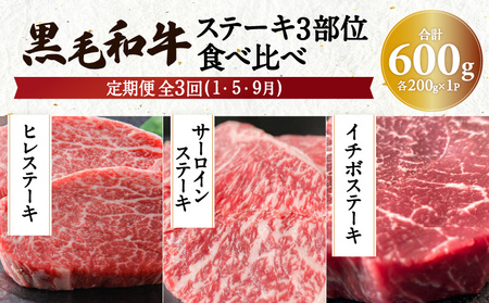【全3回】黒毛和牛ステーキ3部位食べ比べ K098-T02 肉 牛肉 冷凍