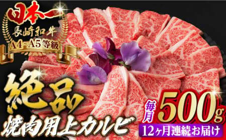 【全12回定期便】焼肉 上 カルビ 500g 長崎和牛 A4?A5ランク 【野中精肉店】 [VF36] 肉 牛肉 カルビ 焼き肉 キャンプ BBQ バーベキュー 定期便