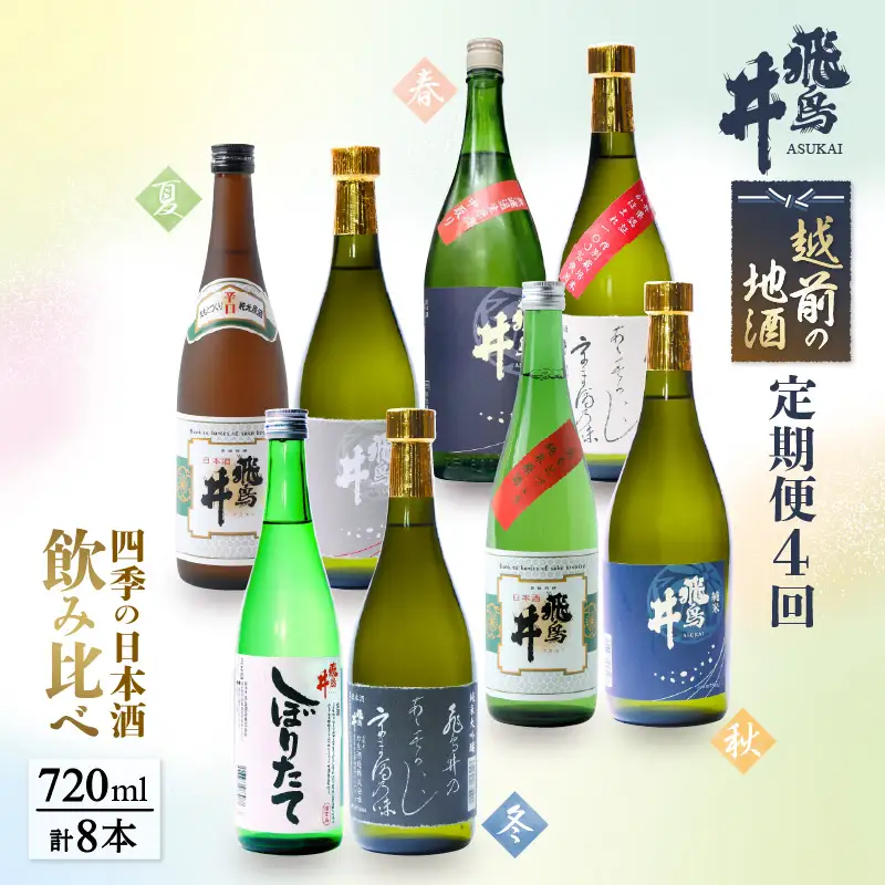   越前の地酒 定期便 ≪計4回お届け≫お楽しみ日本酒飲み比べ 蔵元より 計720ml × 8本 江戸時代創業 飛鳥井 [e19-e002]