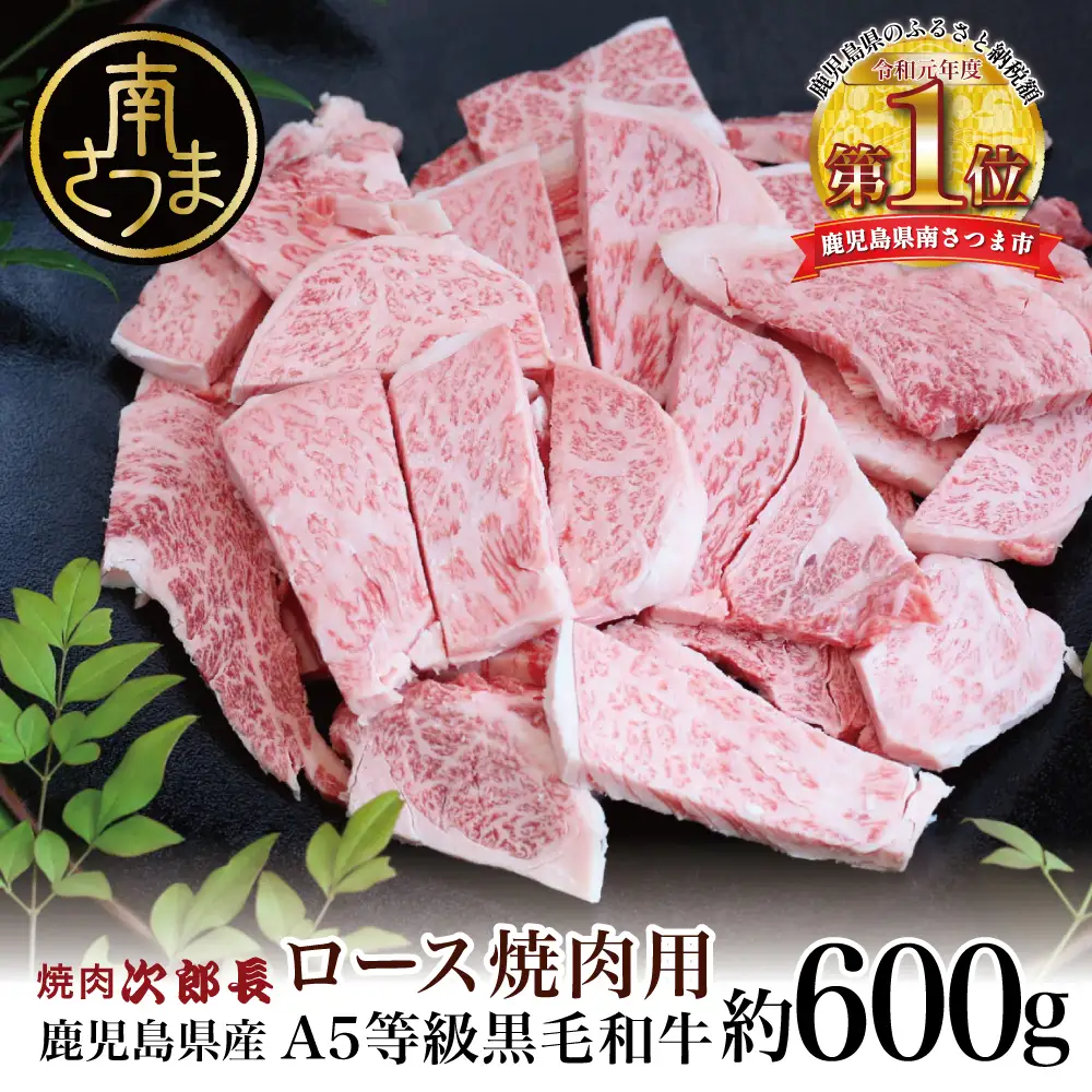 【鹿児島県産】黒毛和牛専門店 焼肉次郎長 A5等級 焼肉用 ロース 約600g 牛肉 お肉 BBQ 焼肉 南さつま市 贈り物 ギフト 贈答