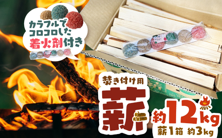 薪 焚き付け用 焚付 信州産 焚き付け用 薪 カラフルでコロコロした 着火剤 付き（6個入）選べる 約12kg （約3kg×4箱) 長野県 伊那市 キャンプ BBQ アウトドア【012-26】