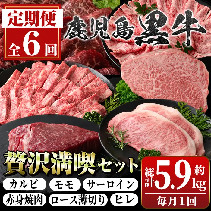 【G01003】＜定期便・全6回＞鹿児島黒牛 満足定期便・贅沢満喫セット(全6種・合計5.9kg) 鹿児島黒牛 モモ サーロイン ロース 薄切り カルビ 赤身 ヒレ ステーキ 焼肉 食べ比べ 日本一 鹿児島 国産 九州産 牛肉 ビーフ 定期便【新村畜産】