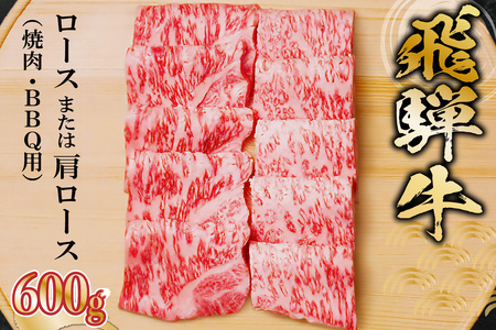 飛騨牛 ロースまたは肩ロース 600g (焼肉・BBQ用)【0091-007】岐阜県 可児市 肉 牛肉 和牛 ブランド牛 国産 霜降り 柔らか 旨み 冷凍 バーベキュー アウトドア ギフト 贈答 養老ミート 焼肉 BBQ