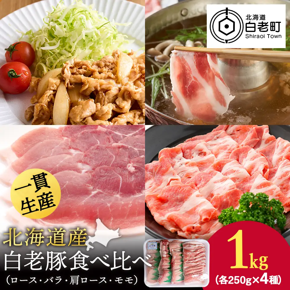 北海道産 白老豚 食べ比べセット（ロース・バラ・肩ロース・モモ各250g） BV020