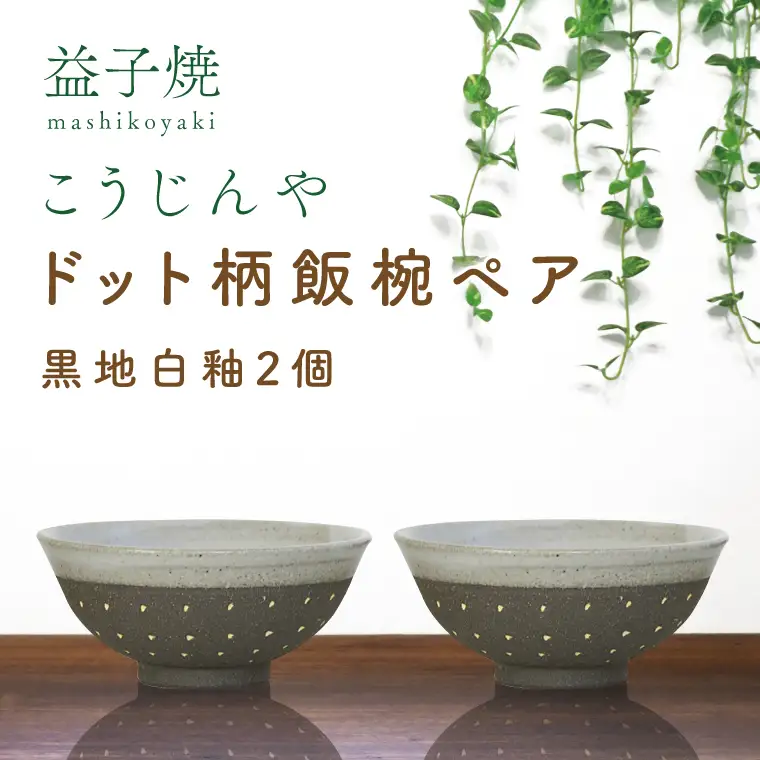 益子焼 飯碗ペア ドット柄 黒地白釉×黒地白釉 益子町 AS002-3