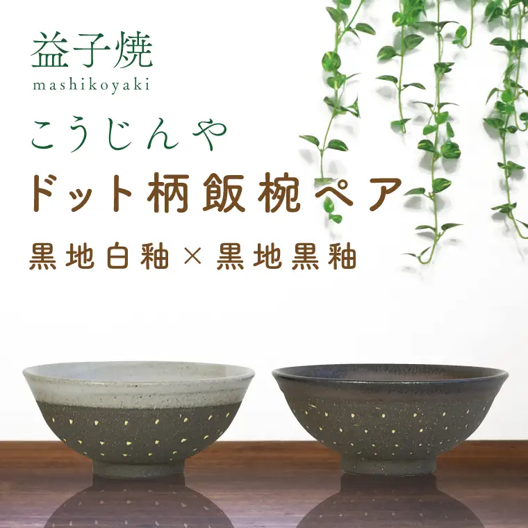益子焼 飯碗ペア ドット柄 黒地白釉×黒地黒釉 益子町 AS002-10