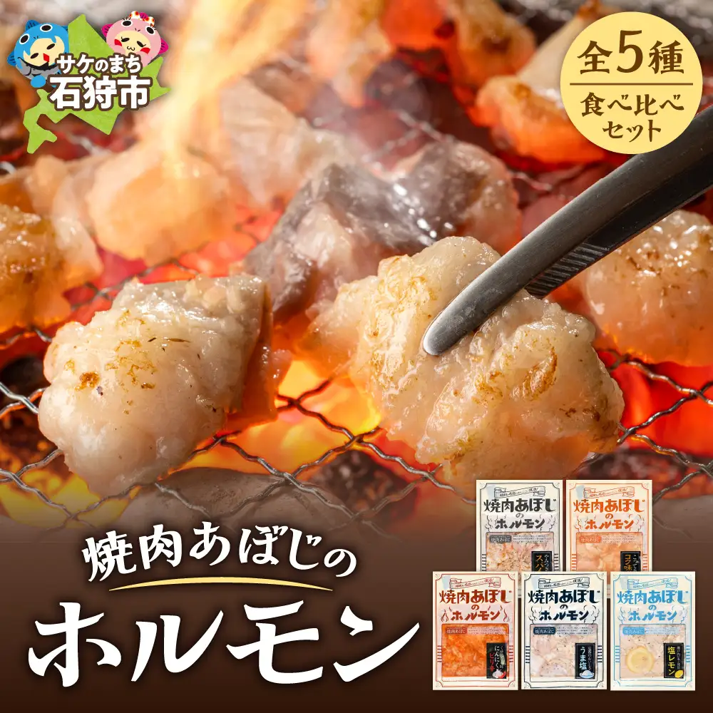 焼肉あぼじのホルモン 5種食べ比べセット（スパイス・コク味噌・ピリ辛・うま塩・瀬戸内塩レモン）北海道石狩市 