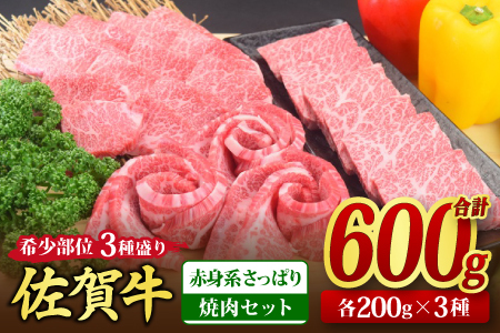 【スピード発送】佐賀牛 希少部位 焼肉3点盛り合わせ 600g(200gx3種)【赤身系さっぱり】(H085141)