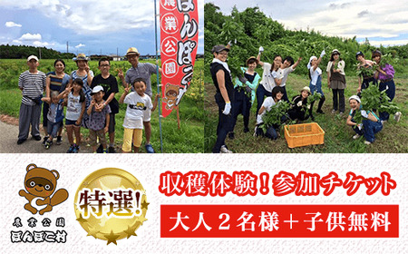 ＜農業公園ぽんぽこ村＞特選収穫体験！参加チケット（大人２名様＋子供無料）
