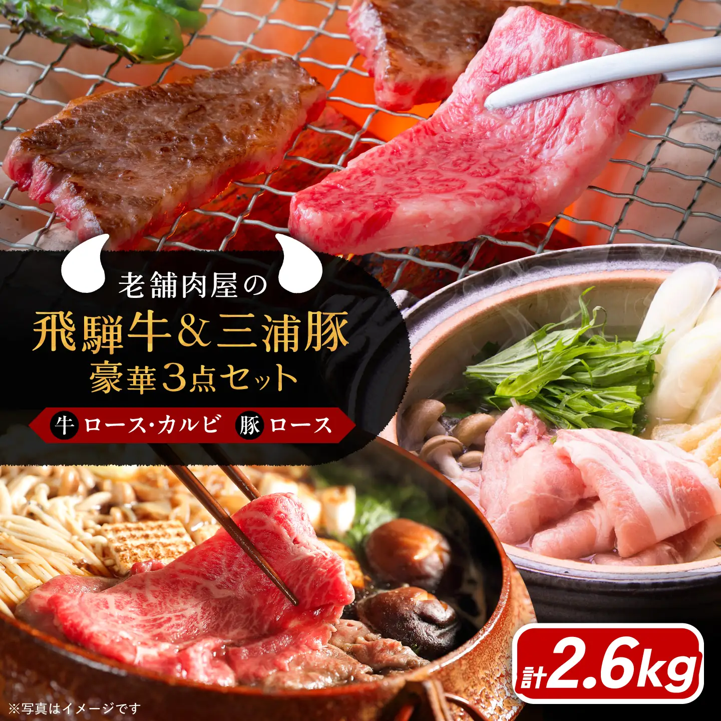 飛騨牛ロース1kg カルビ700g 三浦豚ロース900g 豪華3点セット 各種類1パック しゃぶしゃぶ・焼肉 / 恵那市 / 岩島屋 [AUAJ014]