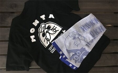 17-65 ゆるキャラ紋太グッズ(Tシャツ[ブラックXL]、タオル[ブルー])