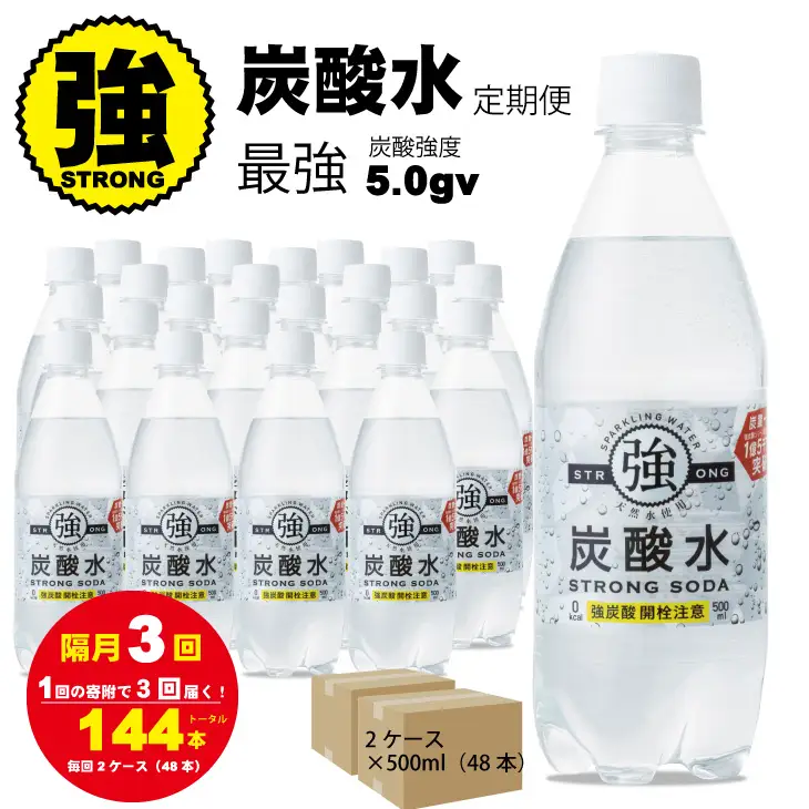 【定期便】（隔月）3回定期便 強炭酸水（500ml）2ケース（計48本） 炭酸 飲料 Q036-002