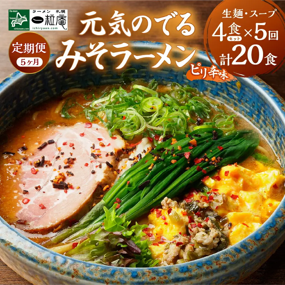 【5ヶ月定期便】ラーメン札幌一粒庵：元気のでるみそラーメン（ピリ辛味）生麺4食×5 回 一粒庵 北海道産小麦100％ 北のブランド認証 百名店選出 行列店の味を自宅で