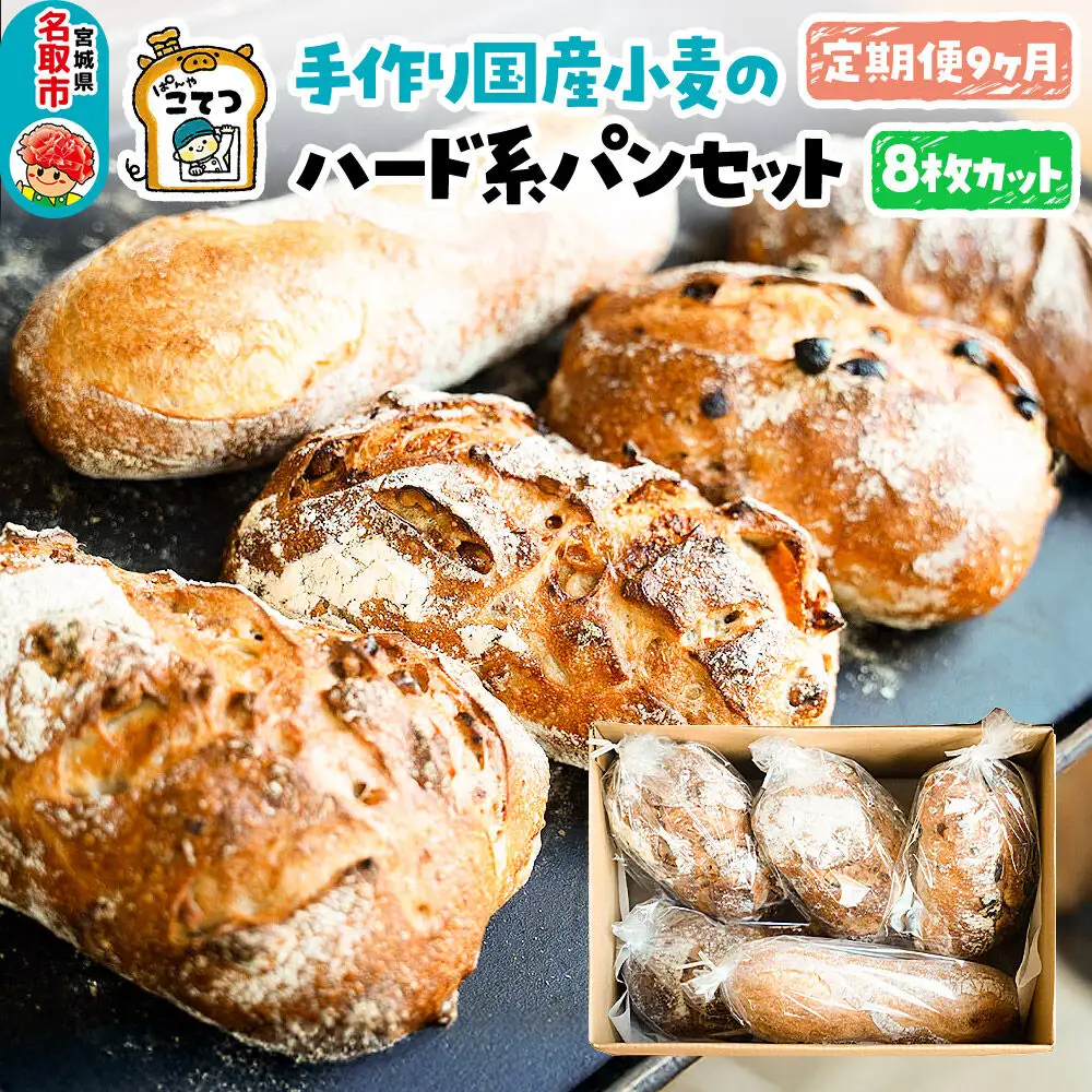 【定期便9ヶ月】名取 閖上のぱんやこてつ 手作り 国産小麦のハード系パンセット 8枚カットしてお届け