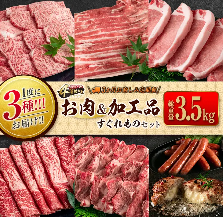 数量限定 1度に3種 お届け 3か月 お楽しみ 定期便 お肉 加工品 すぐれもの セット 総重量3.5kg以上 宮崎牛 牛肉 ビーフ 黒毛和牛 宮崎県産 豚肉 ポーク 国産 食品 惣菜 おかず 焼肉 しゃぶしゃぶ とんかつ ハンバーグ ウインナー お取り寄せ 日南市 送料無料_IC3-23