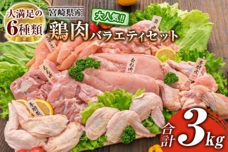 ≪様々な料理に大活躍!≫ 小分け 真空パック 鶏肉 バラエティ セット 合計3kg 鶏もも肉 鶏むね肉 ささみ 手羽先 手羽元 詰め合わせ 国産 肉 大満足 6種 食品 おかず からあげ BBQ 人気 おすすめ お弁当 万能食材 宮崎県 日南市 送料無料_BC123-25