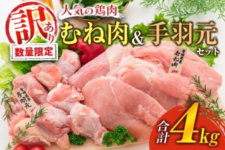 訳あり 数量限定 鶏肉 むね肉 手羽元 セット 合計4kg 国産 人気 チキン ムネ おかず お弁当 おつまみ 食品 万能食材 大容量 から揚げ 煮込み 焼肉 詰め合わせ 人気 おすすめ ギフト おすそ分け お取り寄せ グルメ 真空パック 宮崎県 日南市 送料無料_C143-25