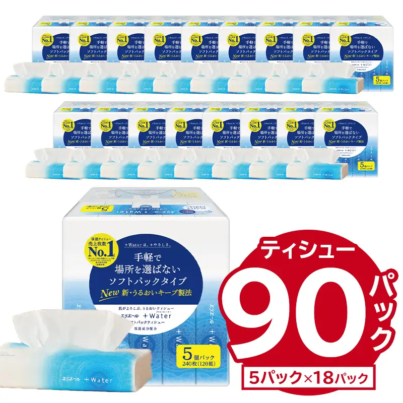 エリエール +Water（プラスウォーター）ソフトパックティシュー 120W5P×18パック 【0095-016】ティッシュ ティッシュペーパー