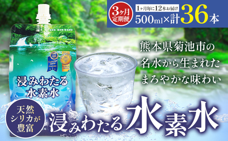 【3ヶ月定期便】浸みわたる水素水 12本 内容量 1本500ml 計18L《お申込み翌月から出荷》水 水素水 天然水 飲料水 ミネラルウォーター アルミパウチ パウチ 国産 九州産 熊本県産 菊池市産