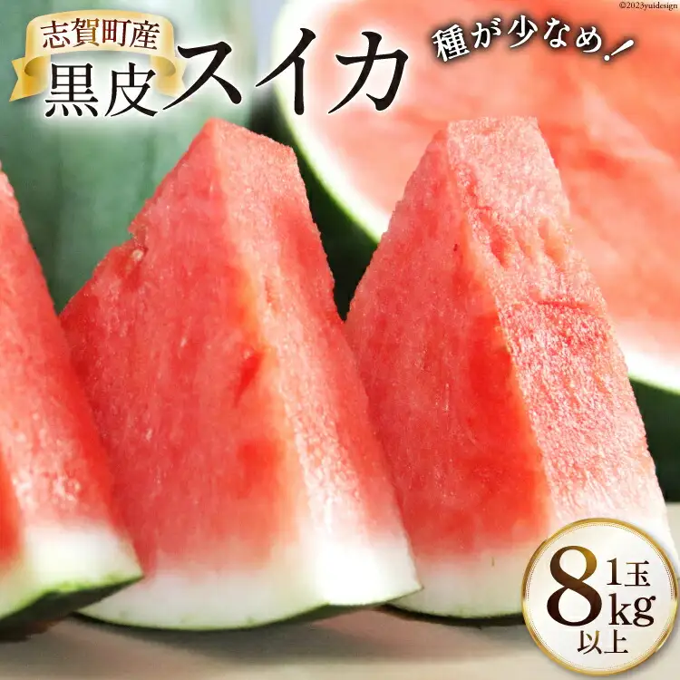 【期間限定】黒皮 スイカ（赤色）8kg以上 x 1玉 種が少なめ [米吉農園 石川県 志賀町 BA4113]